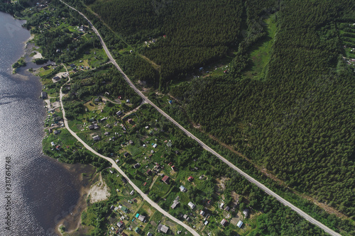 Aerial Townscape of Suburban Village Kolvica located in Northwestern Russia on the Kola Peninsula Kandalaksha Area