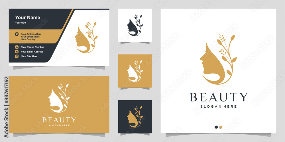 Woman logo with modern beauty style and business card design template ...