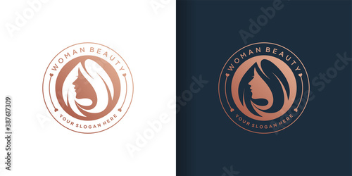 Woman logo with gradient emblem concept and business card design template, salon, beauty, hair, Premium Vector