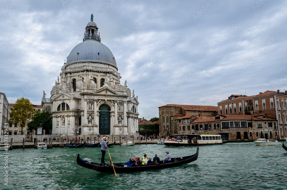 Close up of the Basilica of St Mary of Health or Basilica di Santa Maria della Salute at grand canal in Venice, Italy