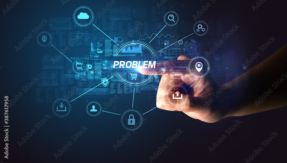 Hand touching PROBLEM inscription, Cybersecurity concept Hand touching PROBLEM inscription, Cybersecurity concept