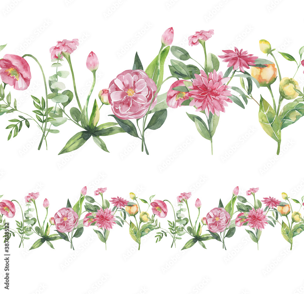 Watercolor floral illustration - leaves and branches frame with flowers and leaves for wedding stationary, greetings, wallpapers, background. Roses, green leaves. High quality illustration