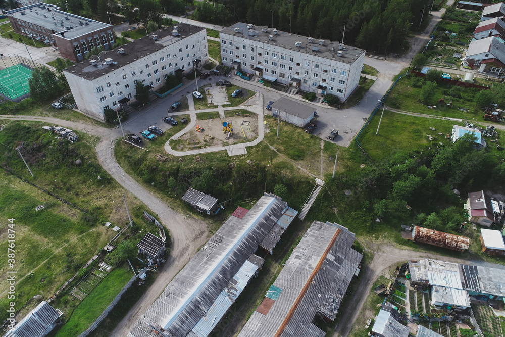 Aerial Townscape of Luvenga Town located in Kandalaksha Area in Northwestern Russia on the Kola Peninsula