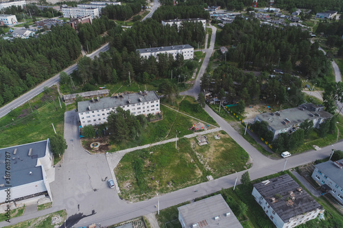 Aerial Townscape of Luvenga Town located in Kandalaksha Area in Northwestern Russia on the Kola Peninsula