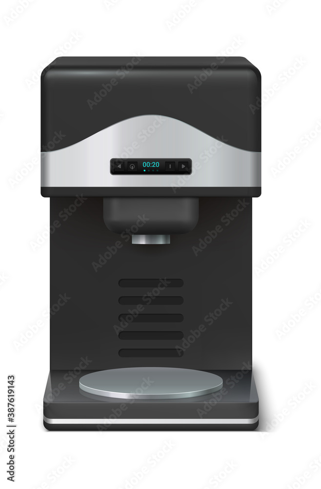 Coffee maker. Realistic kitchen appliance for preparing espresso. Domestic electronic house hold device. Bar, office or home cuisine machine for caffeine beverage. Vector technology illustration Coffee maker. Realistic kitchen appliance for preparing espresso. Domestic electronic house hold device. Bar, office or home cuisine machine for caffeine beverage. Vector technology illustration