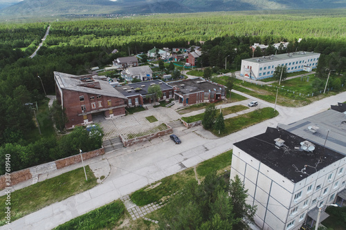 Aerial Townscape of Luvenga Town located in Kandalaksha Area in Northwestern Russia on the Kola Peninsula