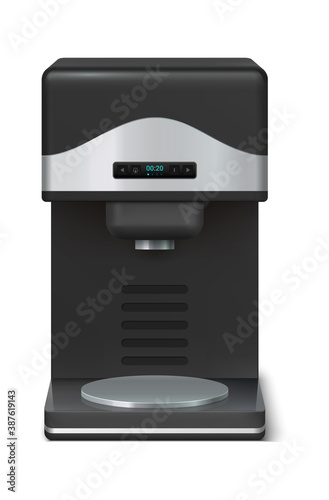 Coffee maker. Realistic kitchen appliance for preparing espresso. Domestic electronic house hold device. Bar, office or home cuisine machine for caffeine beverage. Vector technology illustration