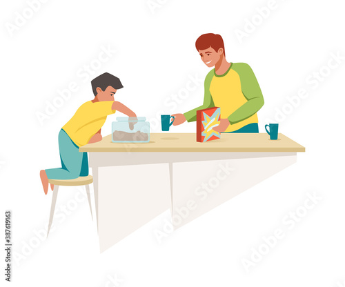 Dad and son have breakfast together. Cartoon father gives boy muesli and biscuits, family morning meal in kitchen. Parent and child relationship, cozy home isolated scene, vector flat illustration