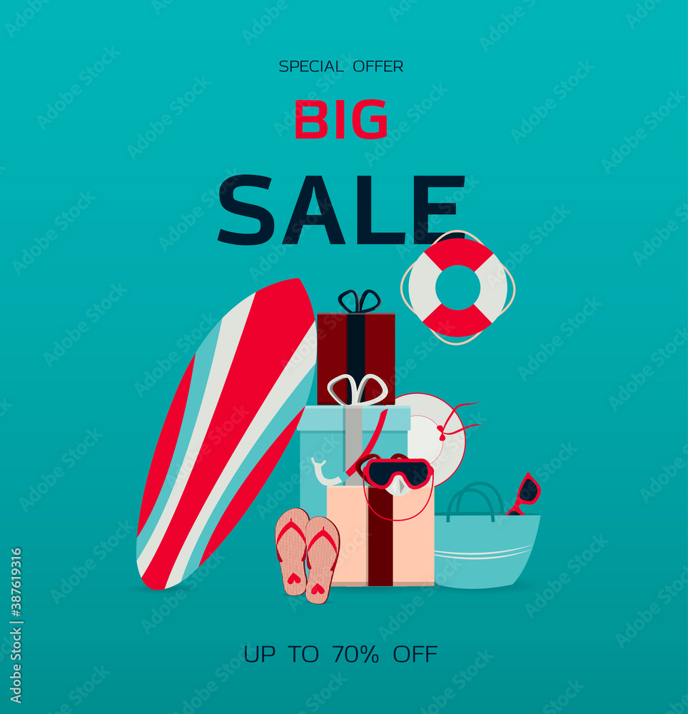 Big Christmas sale of holiday and beach goods. Flat illustration with text, a surfboard, a mask for scuba diving and summer accessories. Banner for advertising in a store, hypermarket, website, app Big Christmas sale of holiday and beach goods. Flat illustration with text, a surfboard, a mask for scuba diving and summer accessories. Banner for advertising in a store, hypermarket, website, app
