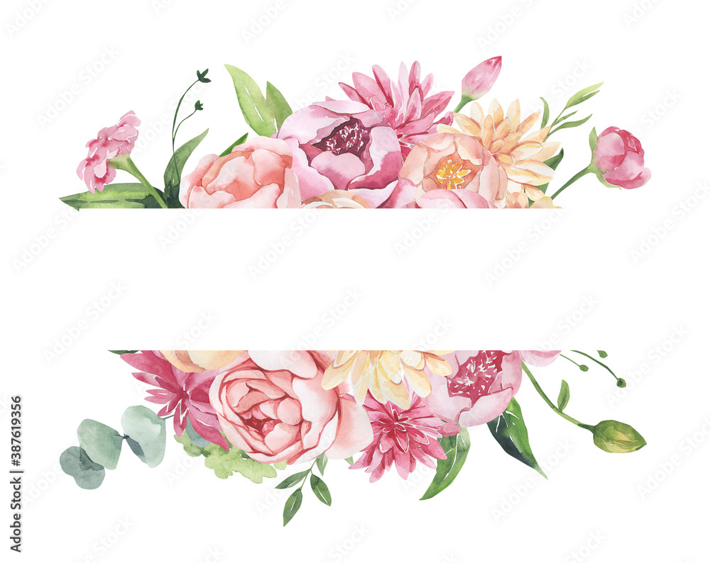 Watercolor floral illustration - leaves and branches frame with flowers ...