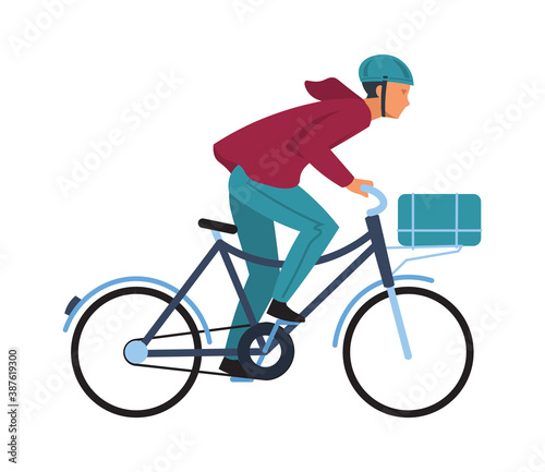 Cartoon man on bicycle. Simple character in casual clothes and helmet rides on bike, cyclist guy sport and healthy leisure lifestyle, teenager outdoor activities in park flat vector illustration