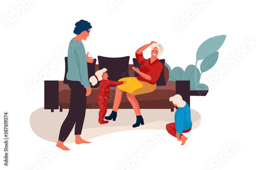Family conflict. Couple quarrel at home, mother and father shouting with children. Kids suffer from parental dissolution, problems in relationship. Vector partners disagreement isolated illustration
