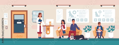 Veterinary. Cartoon people with sick pets in clinic office waiting for doctor, animal hospital visitors. Vet medicine and healthcare concept, vector scenery with cat and dog owners on reception