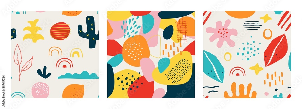 Fototapeta Contemporary shape pattern. Seamless abstract doodle modern square collage for social media posts and stories. Bright colorful organic forms leaves and flowers vector trendy cute geometric texture set