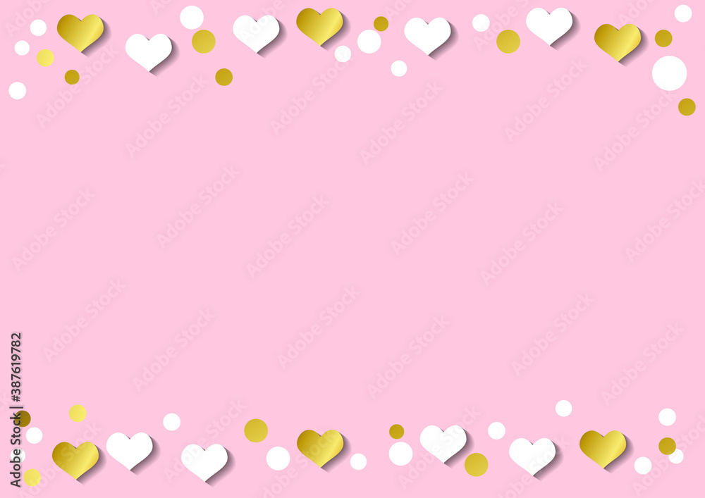 Festive romantic pink background with frame of white hearts and confetti and golden stripes