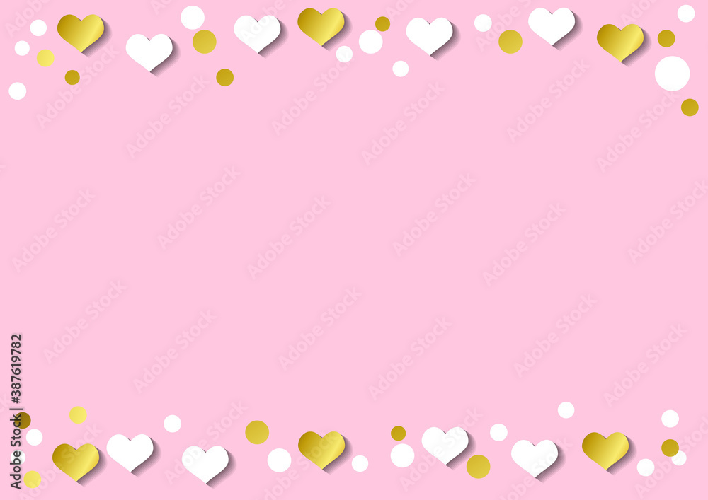 Festive romantic pink background with frame of white hearts and confetti and golden stripes Festive romantic pink background with frame of white hearts and confetti and golden stripes