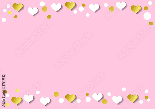 Festive romantic pink background with frame of white hearts and confetti and golden stripes © Rezida