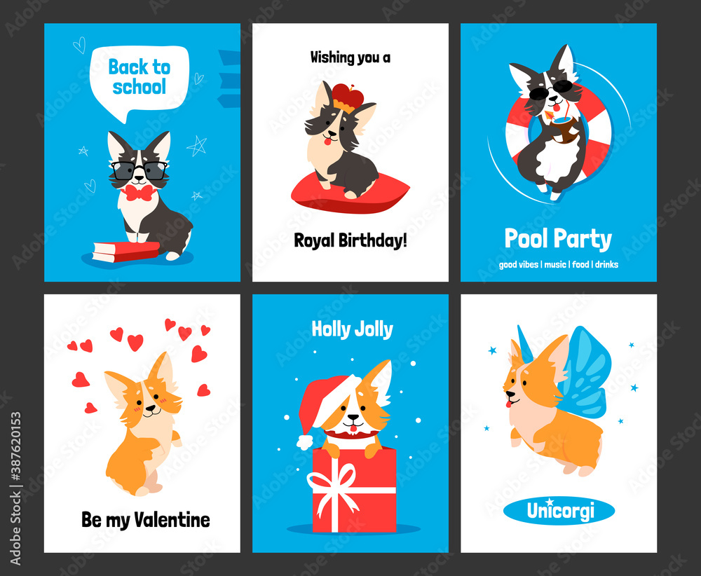 Corgi greeting card. Posters and invitations with cute puppy, cartoon dog characters on banners. Smiling animals with comic emotions, funny celebration text and holidays wishes. Vector postcards set