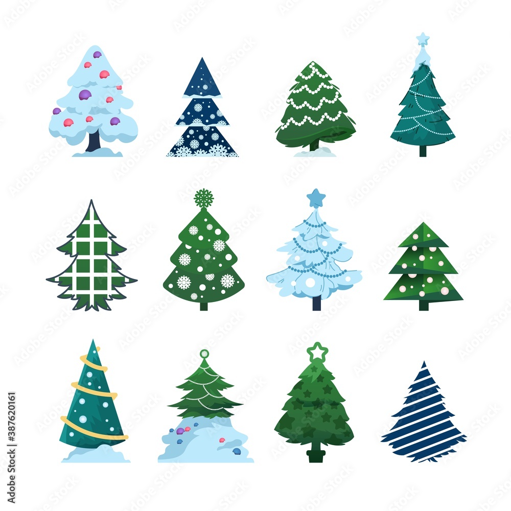 Christmas fir. Cartoon Xmas evergreen tree holiday symbol for New Year greeting cards, winter festival background. Isolated collection of conifers decorated with garlands and snow. Vector spruce set