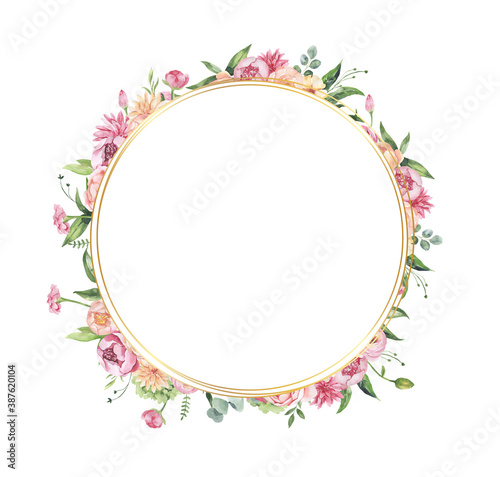 Wallpaper Mural Watercolor floral illustration - leaves and branches frame with flowers and leaves for wedding stationary, greetings, wallpapers, background. Roses, green leaves. High quality illustration Torontodigital.ca