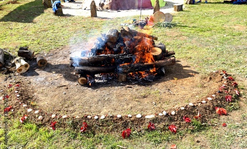 Bonfire with stones in temazcal. photo