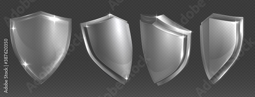 Transparent shield. Protective glass shields various angles, plexiglass or acrylic blank security panel, military or heraldic sign shape design template, vector trophy, power and safety shiny symbol