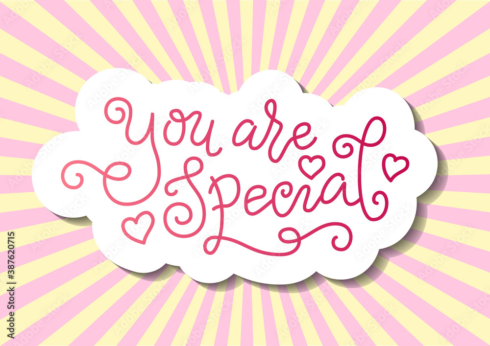 Modern mono line calligraphy lettering of You are special in pink with hearts on pink background