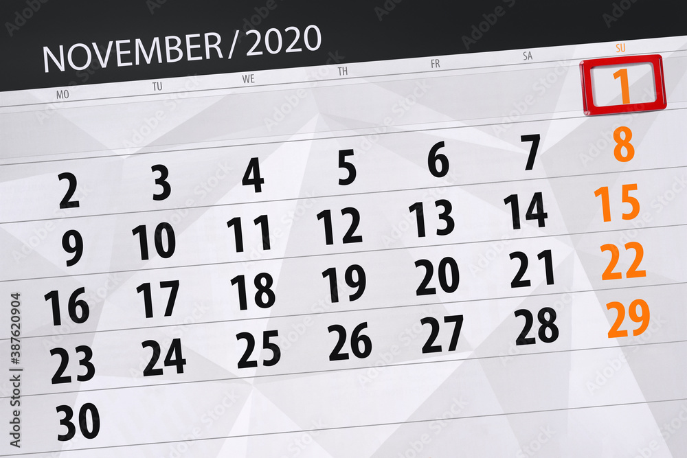 Obraz premium Calendar planner for the month november 2020, deadline day, 1, sunday