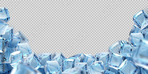 Ice cube background. Realistic transparent freeze water blocks, 3D frame for advertising of cool beverage, alcohol drink, cocktails. Vector bunch of volumetric glacial squares template with copy space