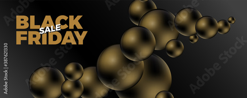Black Friday sale banner. Minimal modern poster design template with 3d black balls. Social media product promotion web banner. Trendy abstract background. Vector illustration.