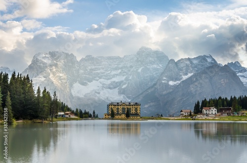 Beautiful view of Lake misurina, at famous dolomite mountain, Italy.