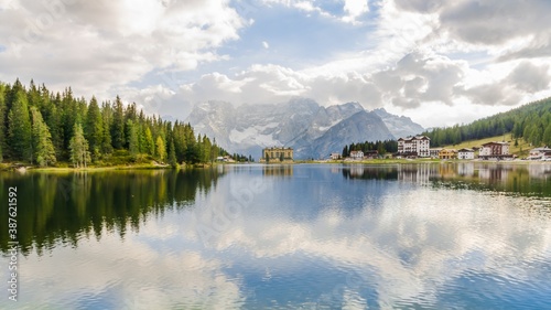 Beautiful view of Lake misurina, at famous dolomite mountain, Italy.