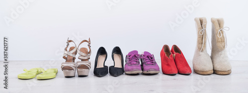 Women's footwear collection for any weather and all seasons. A row of women's shoes