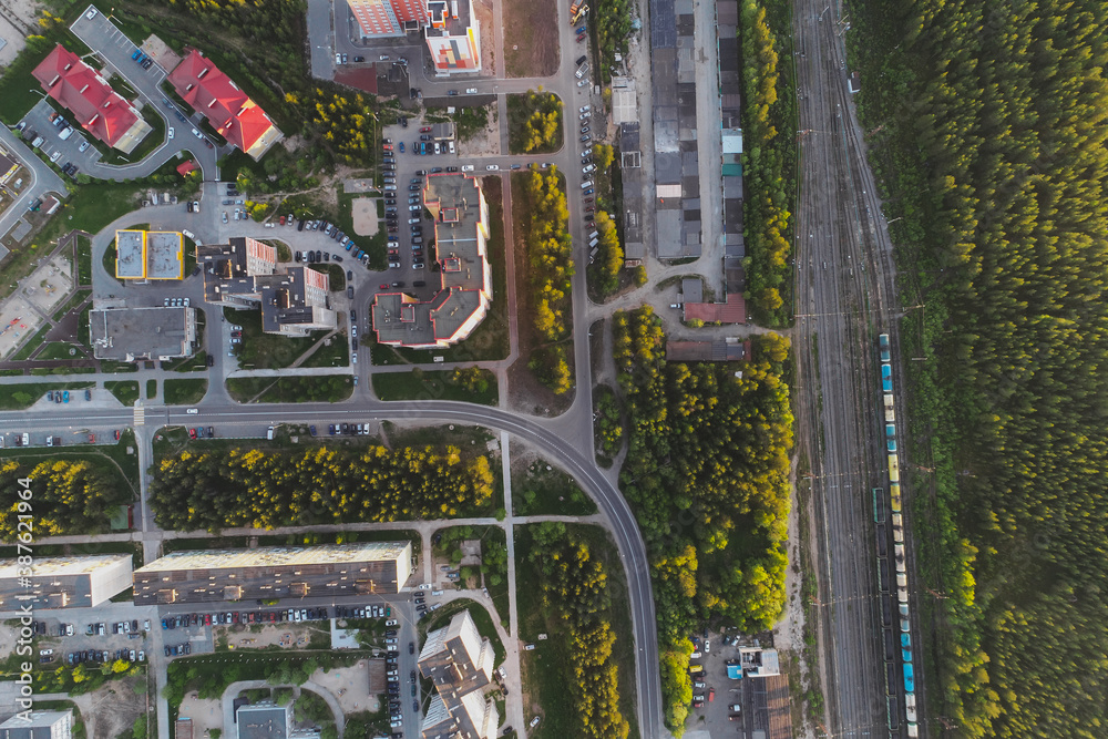 Aerial Townscape of Town Poliarnye Zori located in Northwestern Russia
