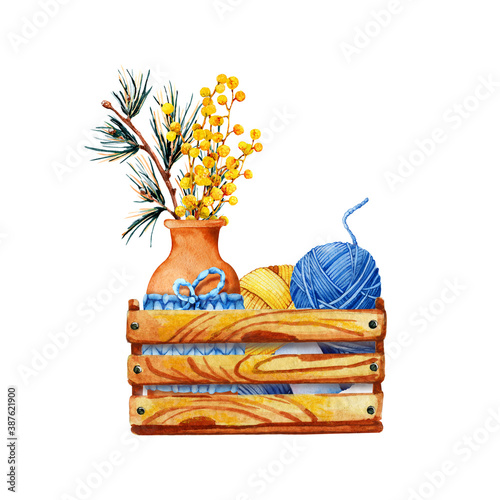 A box with needlework, balls of yarn, a vase with a knitted texture, a New Year's branch, flowers. Hand drawn watercolor illustration isolated on white background. Needlewoman, knitter logo design. photo