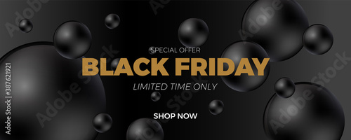 Black Friday sale banner. Minimal modern poster design template with 3d black balls. Social media product promotion web banner. Trendy abstract background. Vector illustration.
