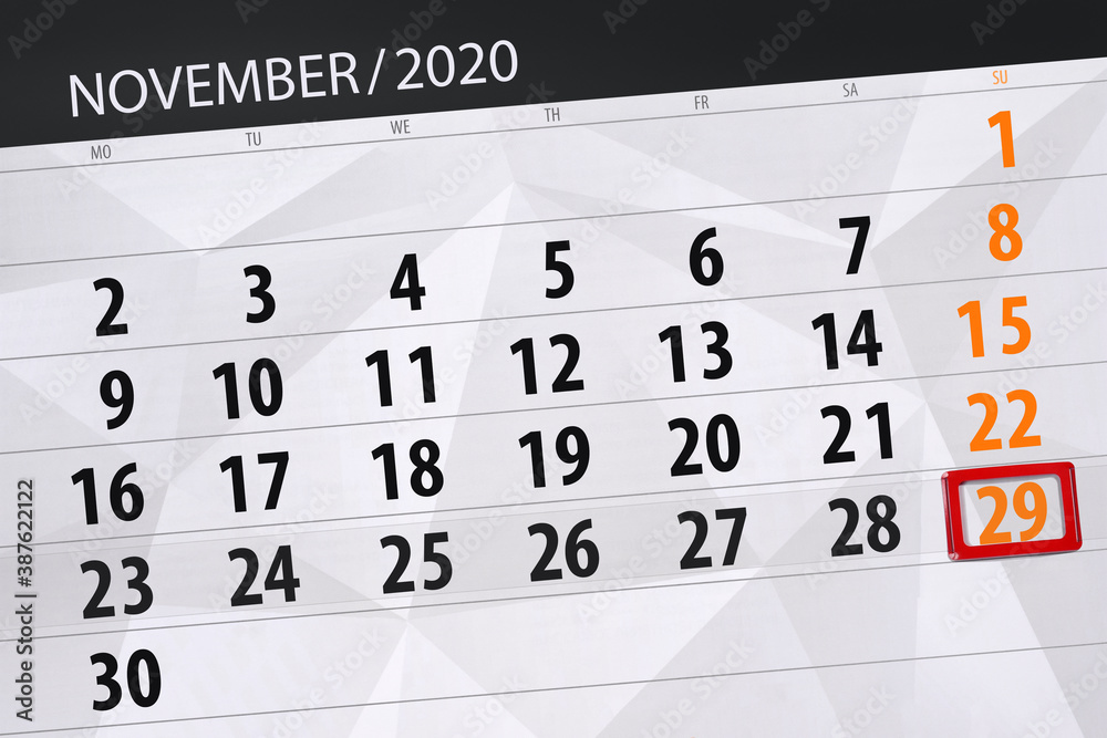 Fototapeta premium Calendar planner for the month november 2020, deadline day, 29, sunday