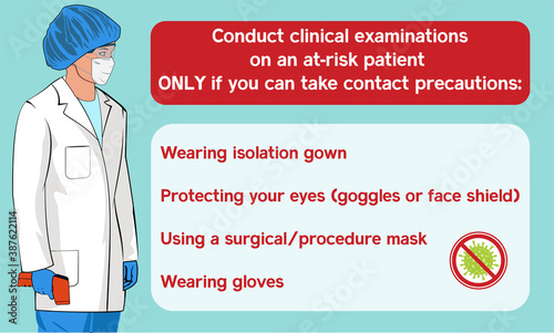 Coronavirus contact precautions for doctors, nurses, medics and other clinical or medical staff. Vector poster leaflet with illustration of female wearing surgical mask, gown gloves and eye protection