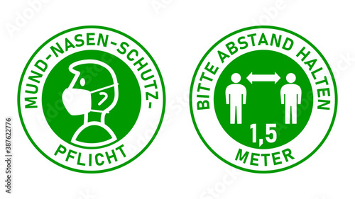 Set of Round Sticker Signs in German "Mund-Nasen-Schutz-Pflicht" (Face Masks Required) and "Bitte Abstand Halten 1,5 Meter" (Please Keep Your Distance 1,5 Metres). Vector Image.