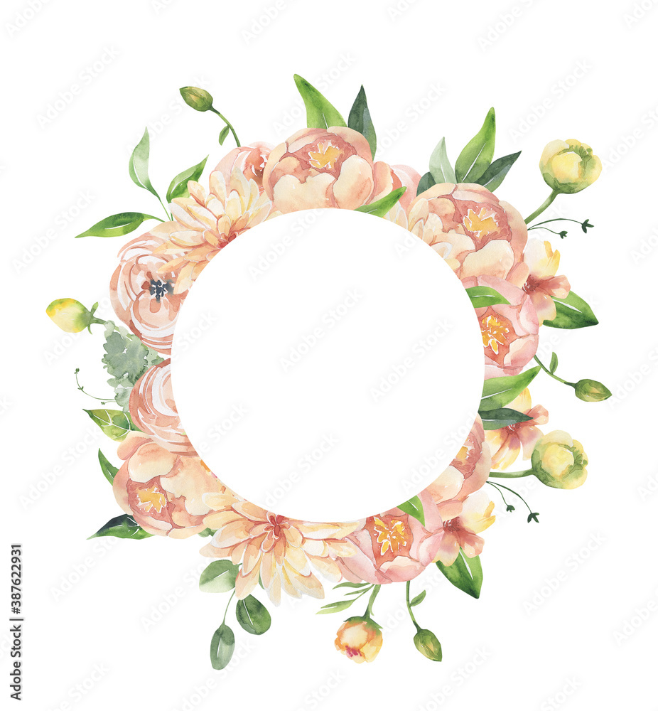 Watercolor floral illustration - leaves and branches frame with flowers and leaves for wedding stationary, greetings, wallpapers, background. Roses, green leaves. High quality illustration