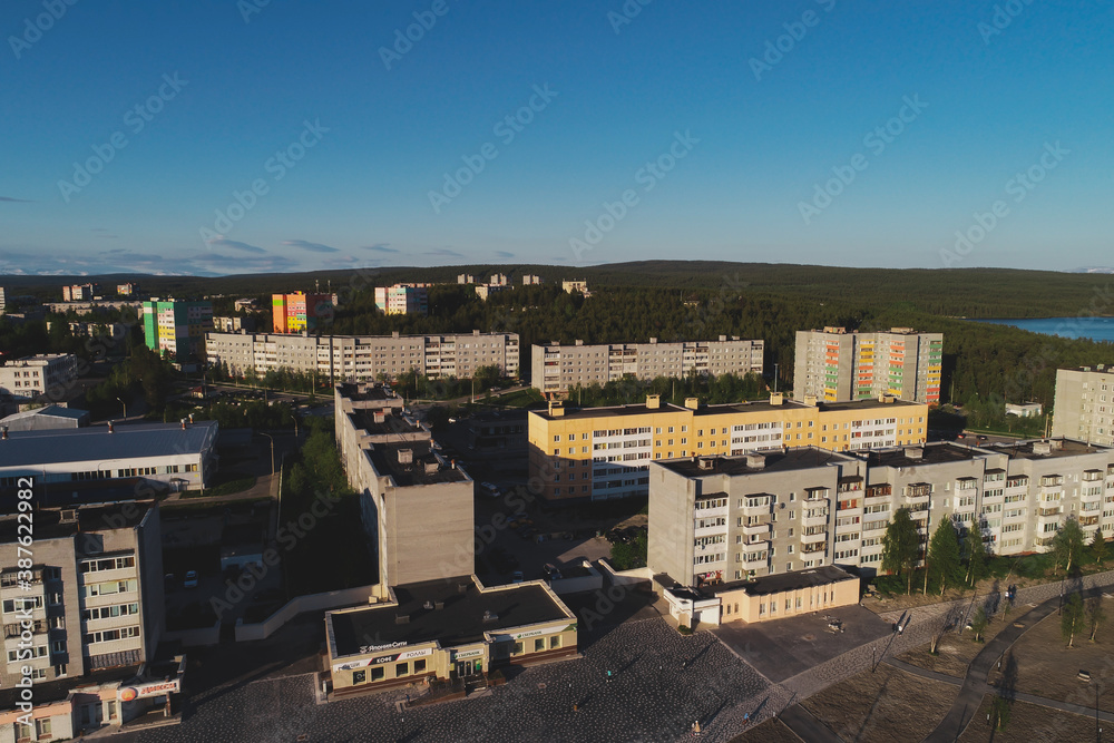 Fototapeta premium Aerial Townscape of Town Poliarnye Zori located in Northwestern Russia