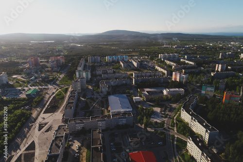 Aerial Townscape of Town Poliarnye Zori located in Northwestern Russia 