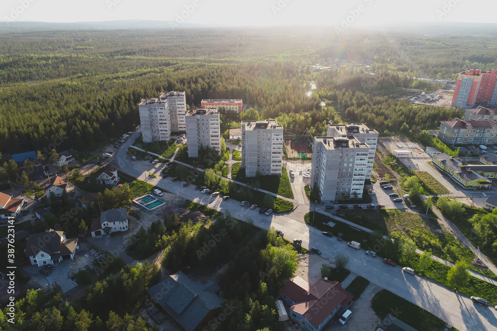 Obraz premium Aerial Townscape of Town Poliarnye Zori located in Northwestern Russia 