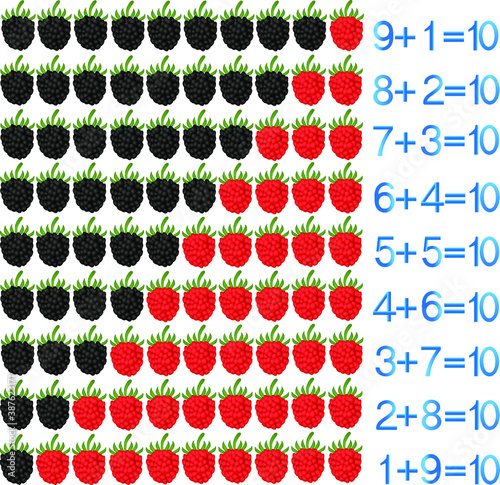 Educational games for children, on the composition of the ten, examples with blackberry and raspberry.