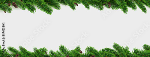 Fir branch border. Pine tree Christmas decoration frame isolated on white background, realistic 3d horizontal pattern, winter holiday celebration pine decor elements vector botanical illustration