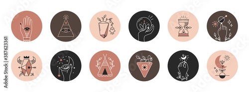 Mystical highlights. Boho social media post covers, astrological and mythological abstract elements. Collection spiritual icons with moon alchemy, hands and eyes. Vector magic round ornamental set