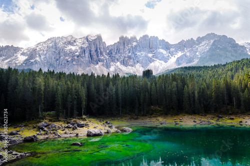 Beautiful view of famous Carezza lake at dolomite mountain,Italy