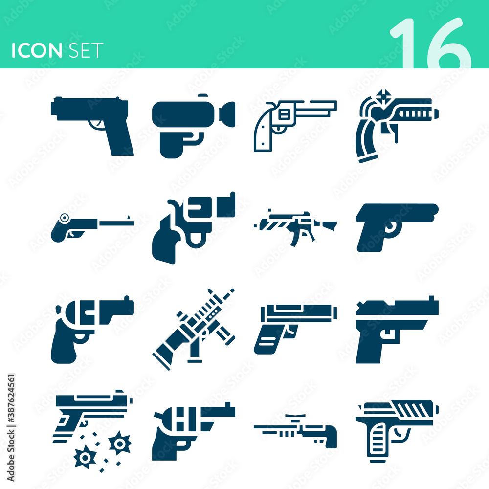 Simple set of 16 icons related to rifle bullet