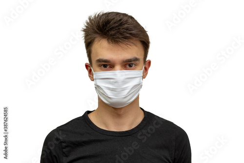 Man with mask isolated on white background. Illness and virus protection symbol. © Sandu