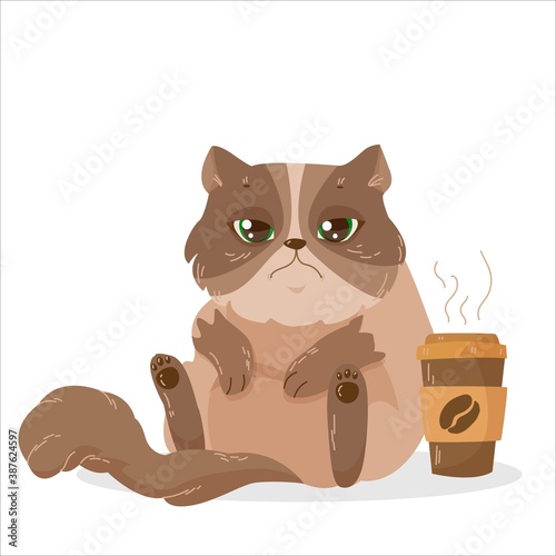 fluffy sad kitten, pet, brown shaggy plump cat sits next to a glass of coffee, fatigue, lack of sleep. vector illustration isolated on white background